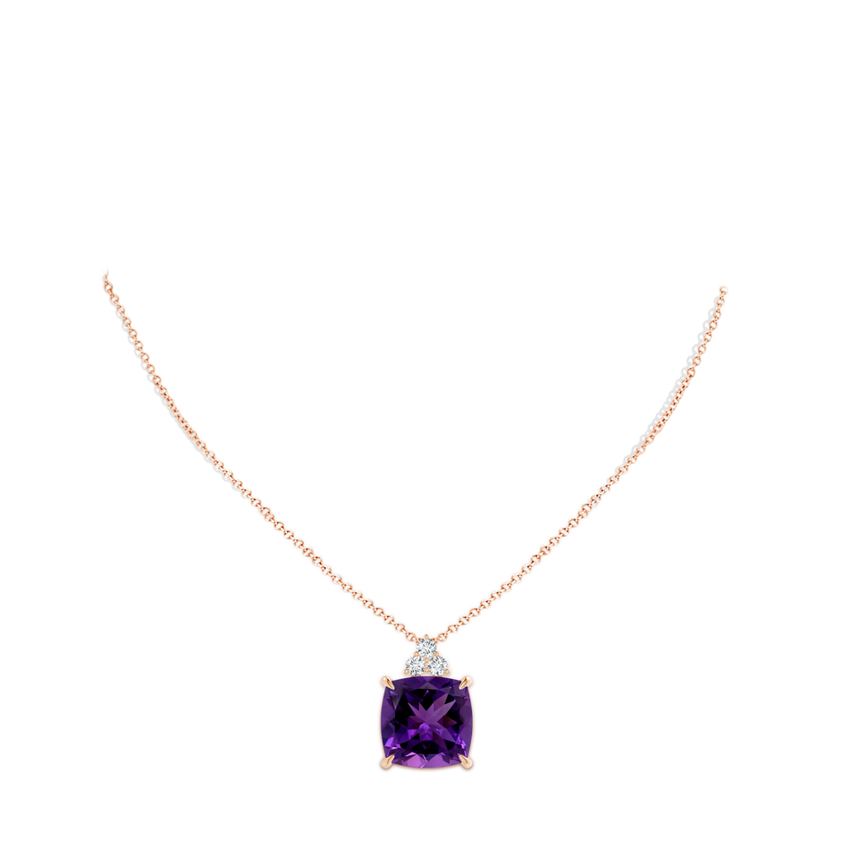 14.12x14.06x9.27mm AAAA GIA Certified Cushion Amethyst Pendant with Trio Diamonds in Rose Gold pen