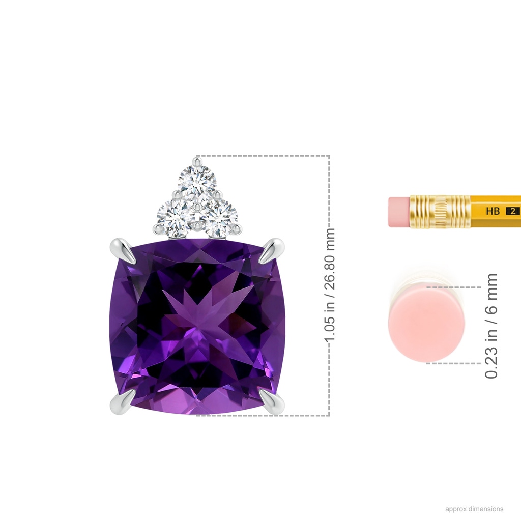 14.12x14.06x9.27mm AAAA GIA Certified Cushion Amethyst Pendant with Trio Diamonds in White Gold ruler