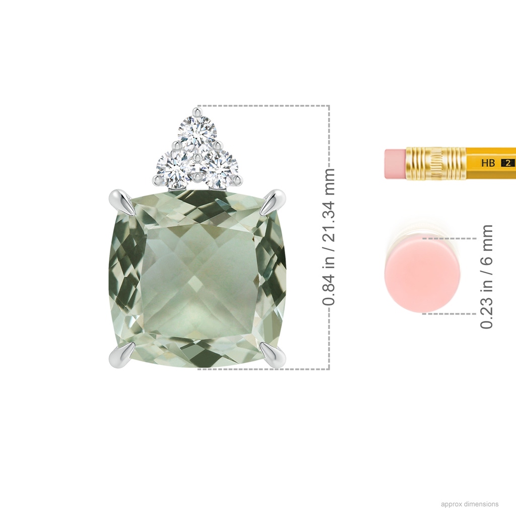 14.09x14.09x9.29mm A GIA Certified Cushion Green Amethyst Pendant with Trio Diamonds in White Gold ruler