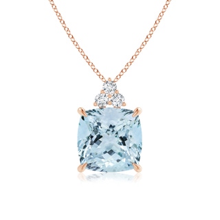 13.99x13.95x8.79mm AAA GIA Certified Cushion Aquamarine Pendant with Trio Diamonds in 18K Rose Gold