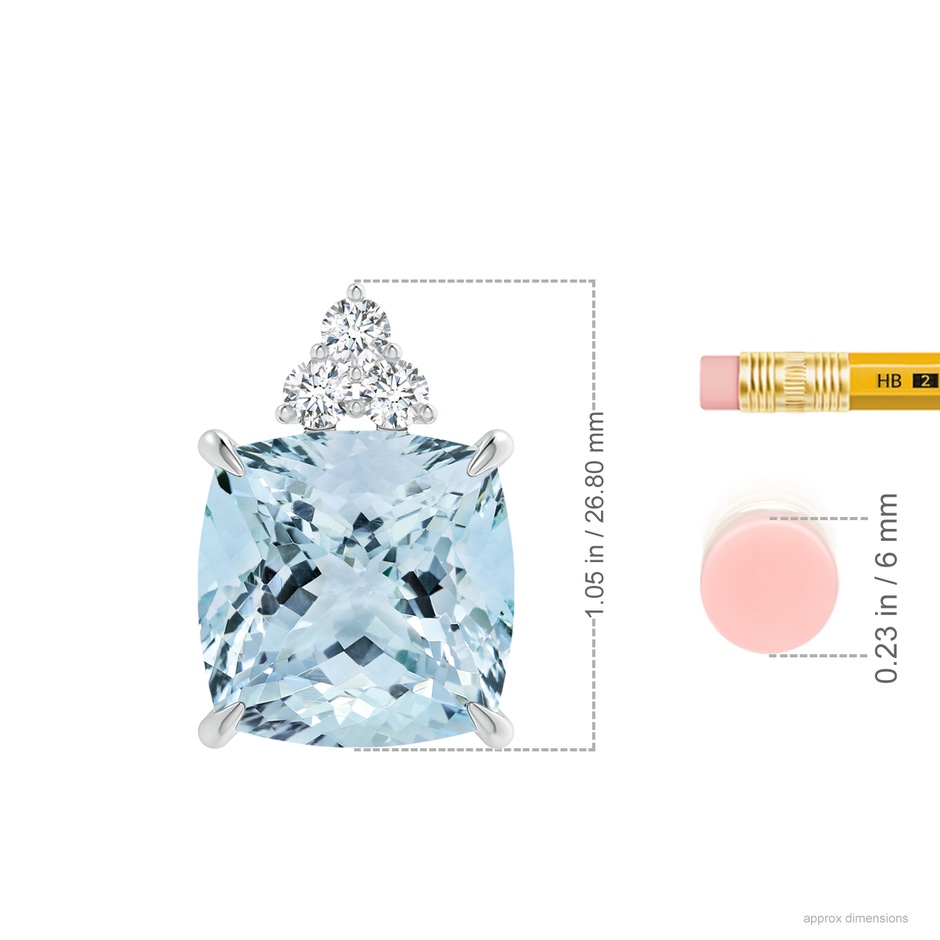 13.99x13.95x8.79mm AAA GIA Certified Cushion Aquamarine Pendant with Trio Diamonds in 18K White Gold ruler