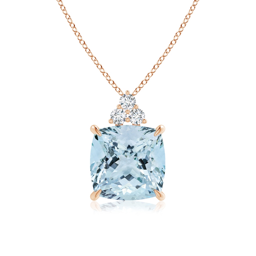 13.99x13.95x8.79mm AAA GIA Certified Cushion Aquamarine Pendant with Trio Diamonds in Rose Gold