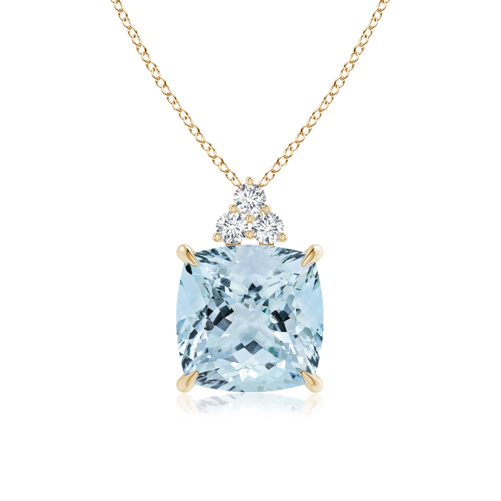 13.99x13.95x8.79mm AAA GIA Certified Cushion Aquamarine Pendant with Trio Diamonds in Yellow Gold