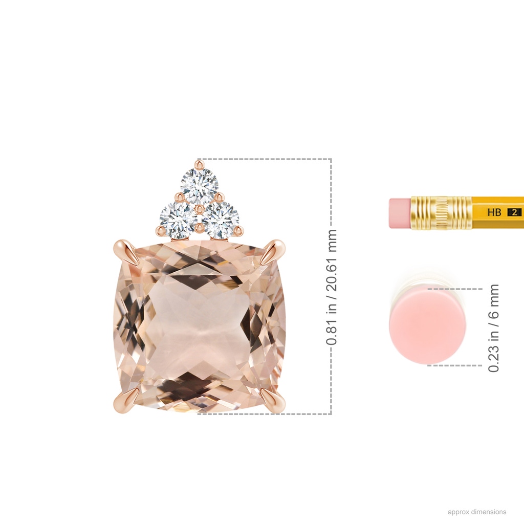 13.95x13.89x8.07mm AAA GIA Certified Cushion Morganite Pendant with Trio Diamonds in Rose Gold ruler