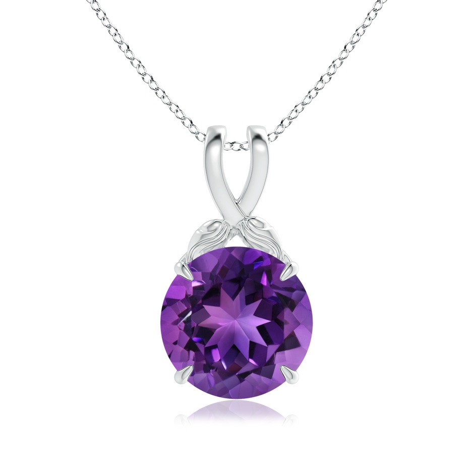 14mm AAAA Nature Inspired Amethyst Solitaire Pendant with Leaf Motifs in White Gold 