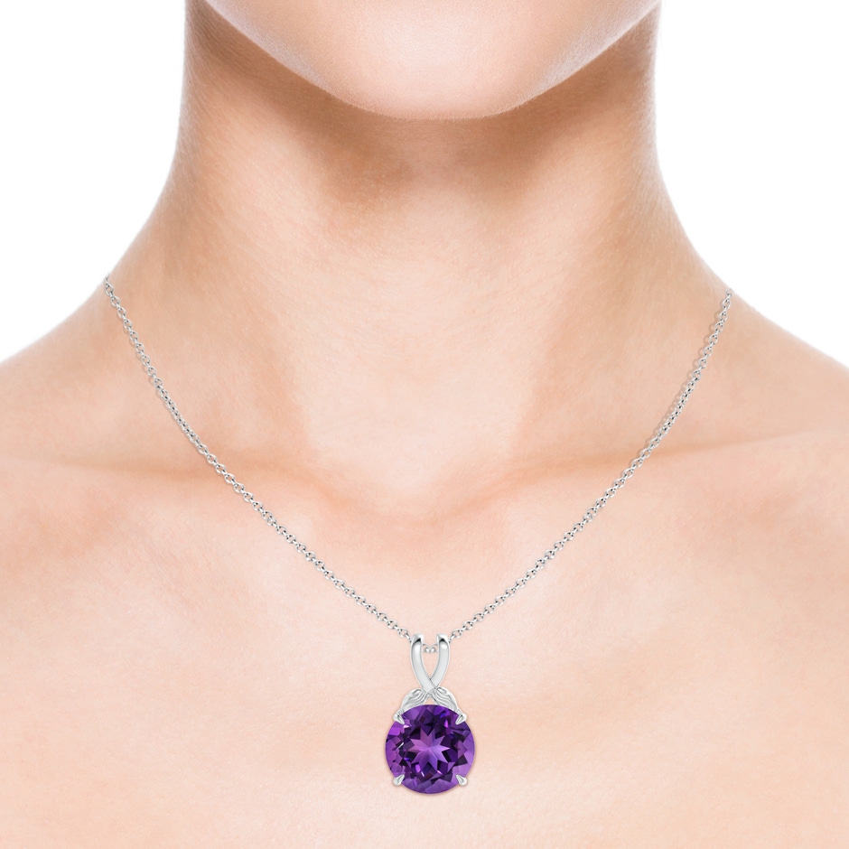 14mm AAAA Nature Inspired Amethyst Solitaire Pendant with Leaf Motifs in White Gold product image