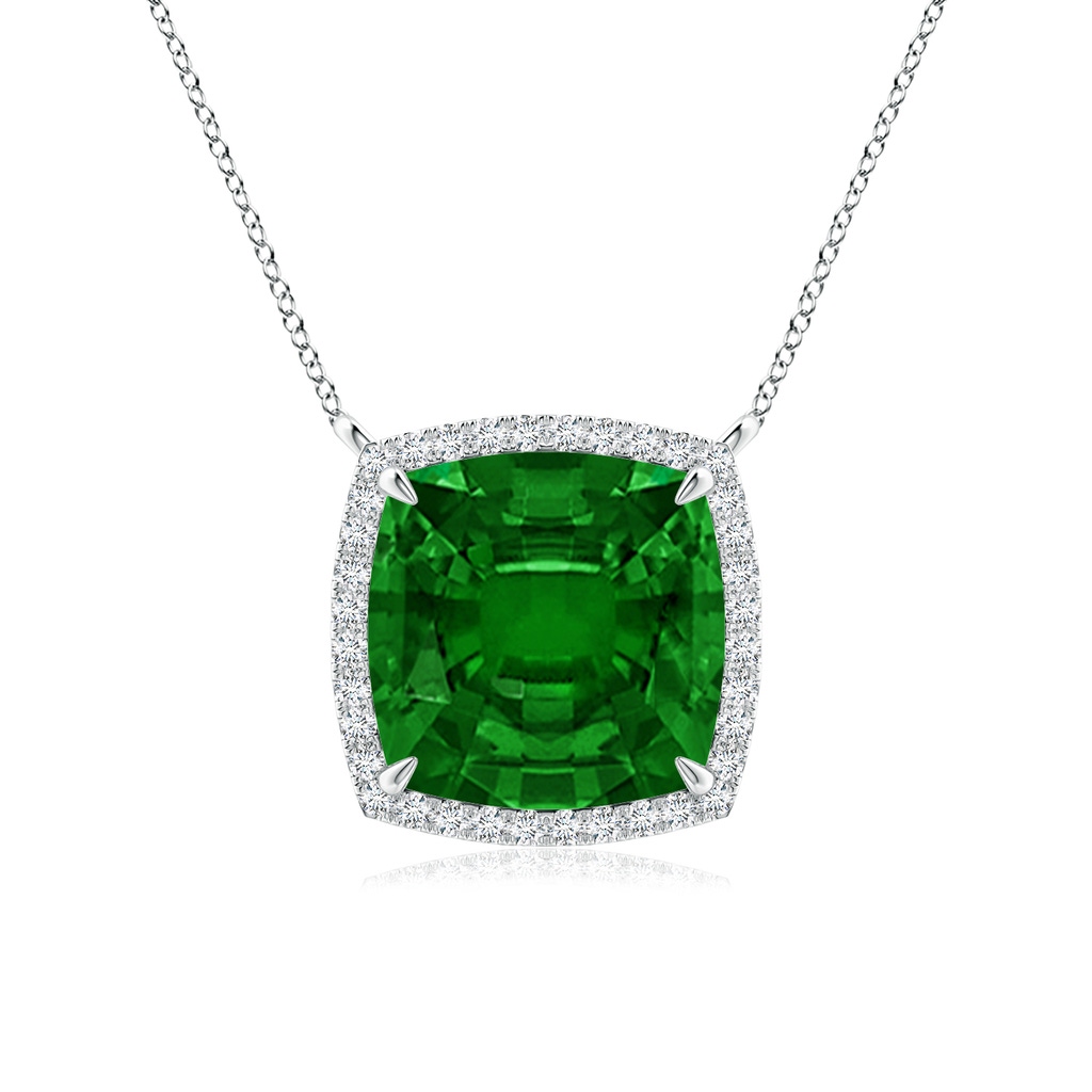 10mm AAAA Cushion Emerald Halo Pendant with Filigree in White Gold