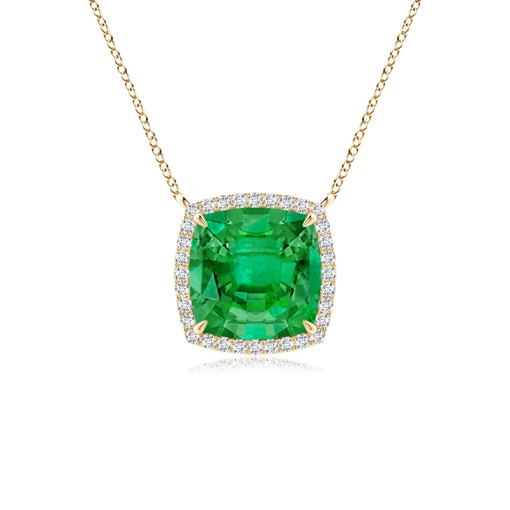 8mm AAA Cushion Emerald Halo Pendant with Filigree in Yellow Gold