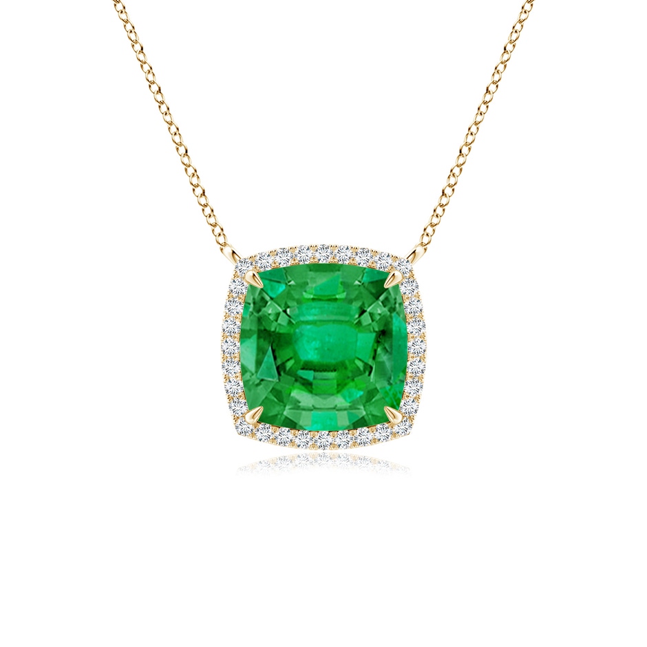 8mm AAA Cushion Emerald Halo Pendant with Filigree in Yellow Gold 