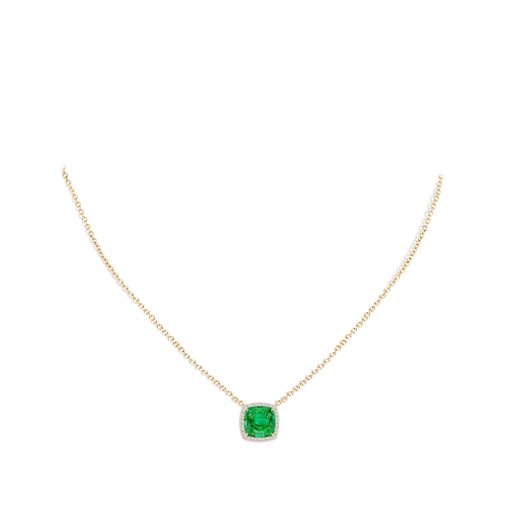 8mm AAA Cushion Emerald Halo Pendant with Filigree in Yellow Gold pen
