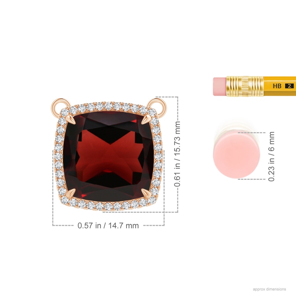 12mm AA Cushion Garnet Halo Pendant with Filigree in Rose Gold ruler