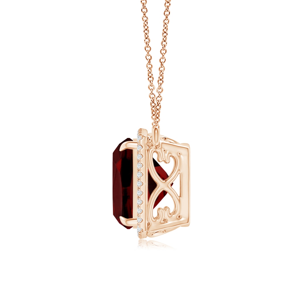 12mm AAAA Cushion Garnet Halo Pendant with Filigree in Rose Gold Side 1