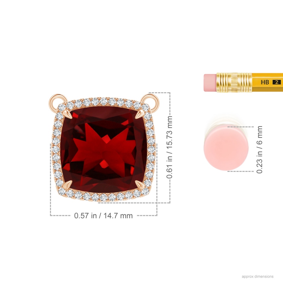 12mm AAAA Cushion Garnet Halo Pendant with Filigree in Rose Gold ruler