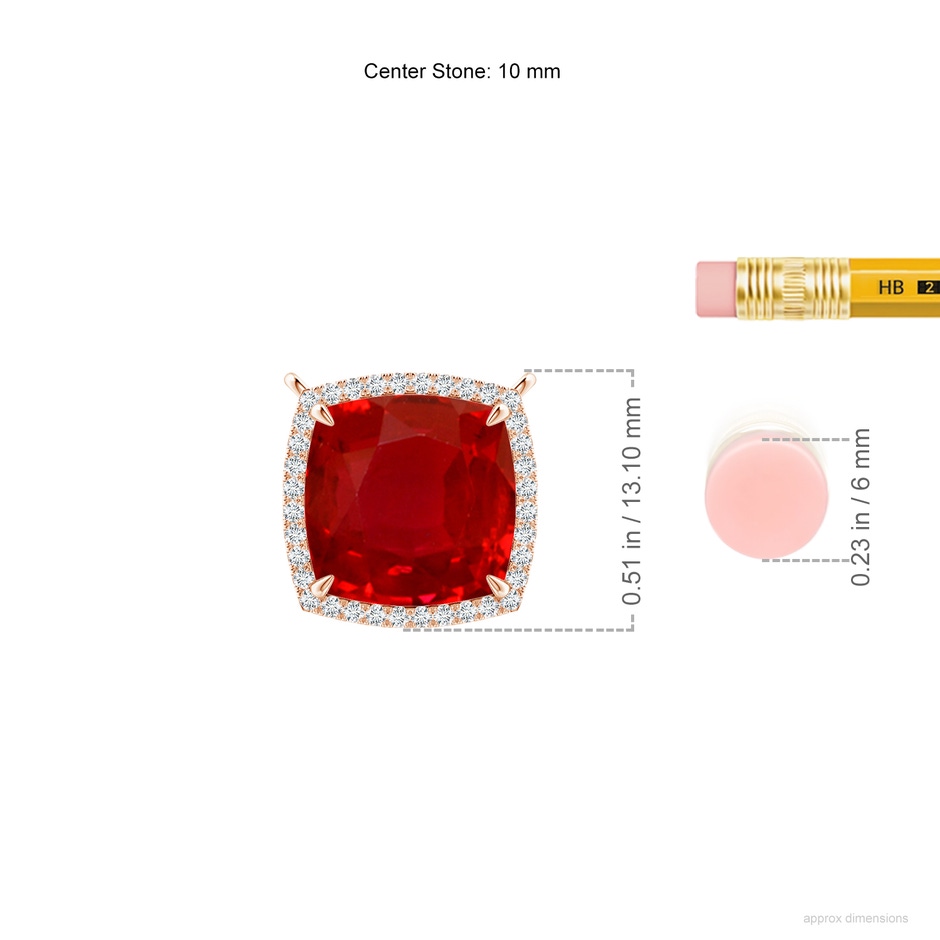 10mm AAA Cushion Ruby Halo Pendant with Filigree in Rose Gold ruler
