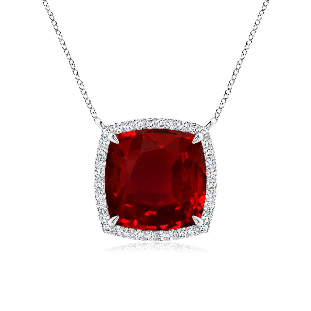 10mm AAAA Cushion Ruby Halo Pendant with Filigree in White Gold