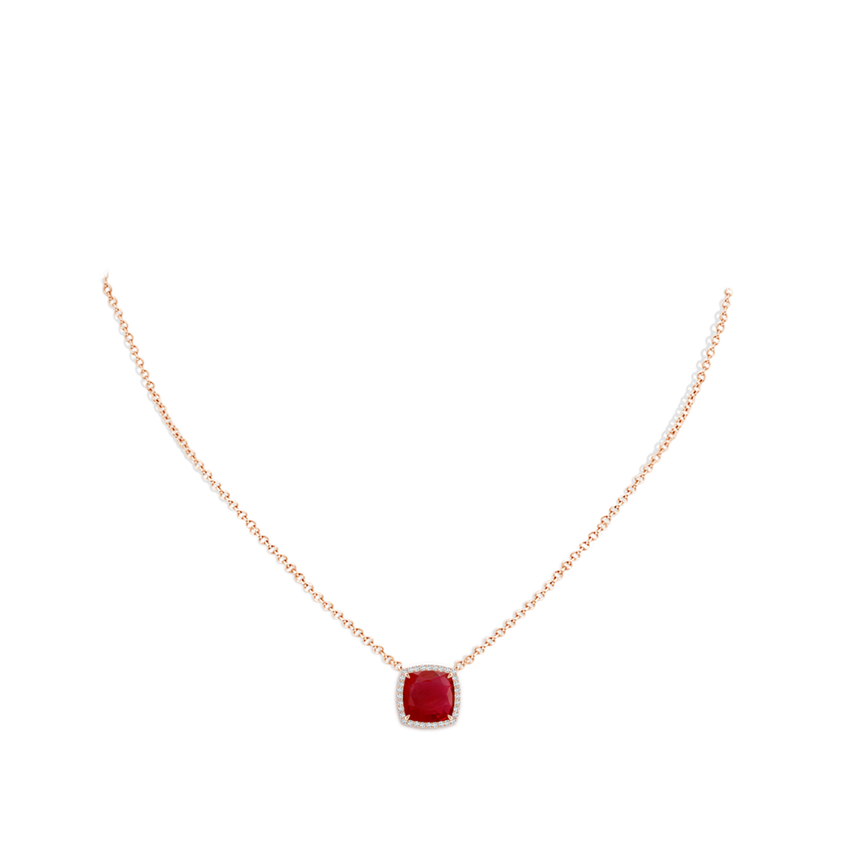 8mm AA Cushion Ruby Halo Pendant with Filigree in Rose Gold pen