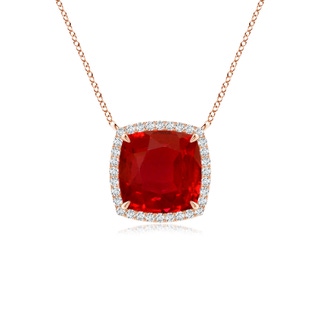 8mm AAA Cushion Ruby Halo Pendant with Filigree in Rose Gold