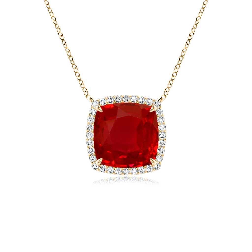 8mm AAA Cushion Ruby Halo Pendant with Filigree in Yellow Gold 