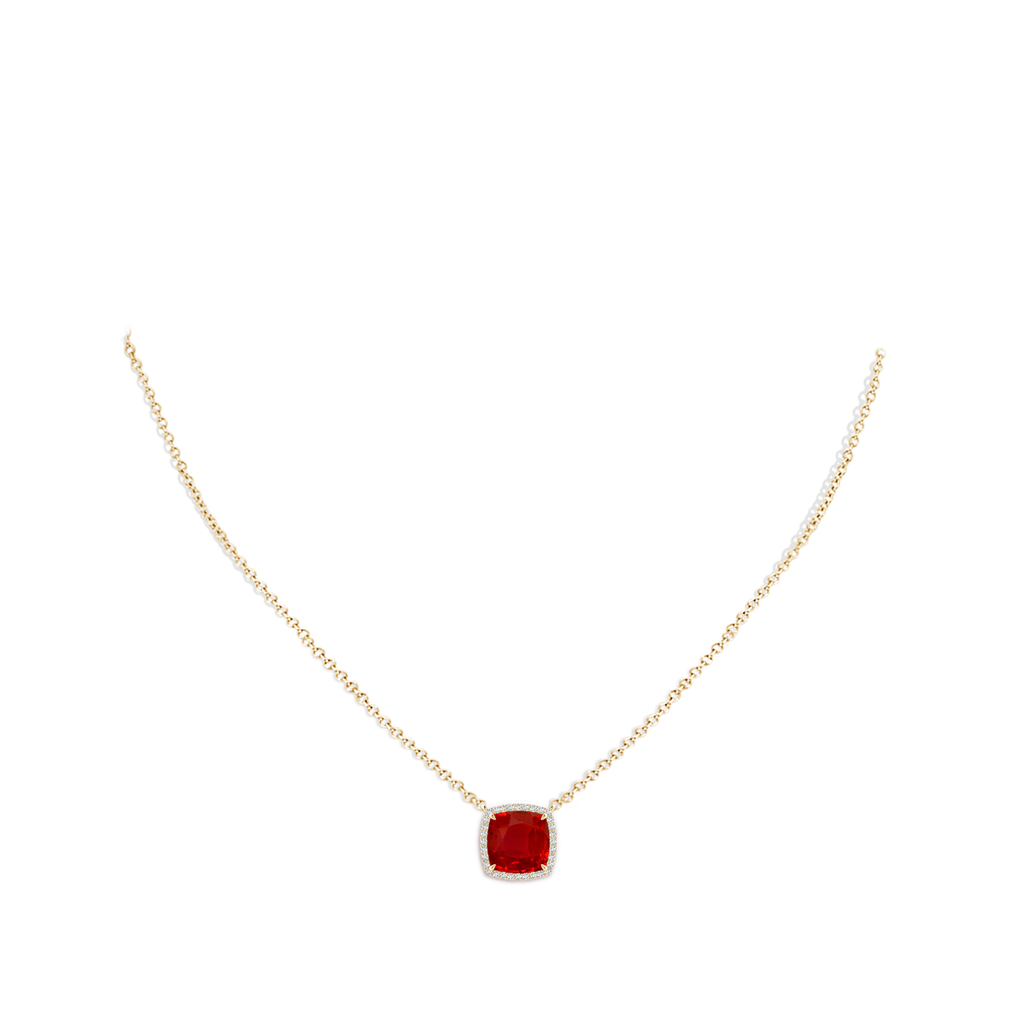 8mm AAA Cushion Ruby Halo Pendant with Filigree in Yellow Gold pen