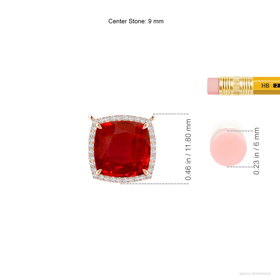 9mm AAA Cushion Ruby Halo Pendant with Filigree in Rose Gold ruler