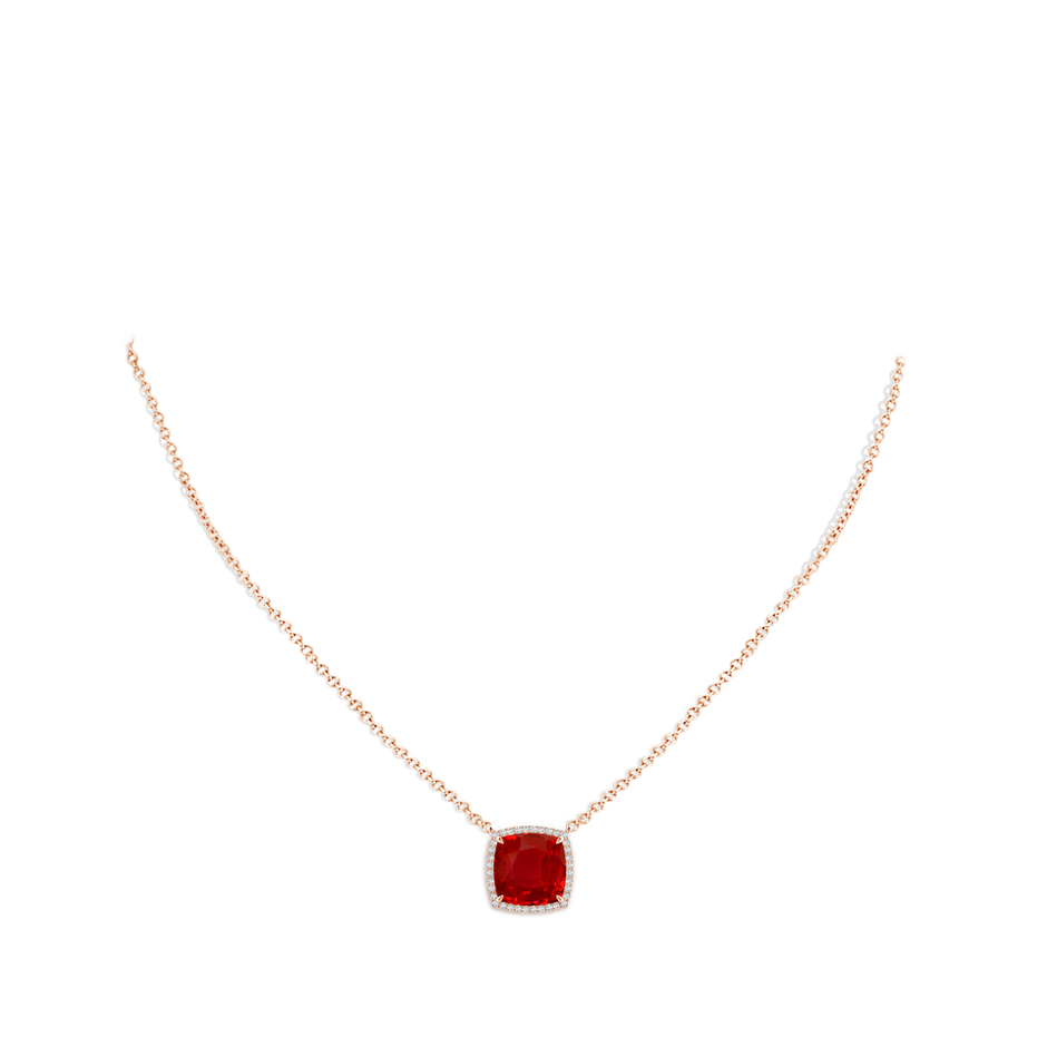 9mm AAA Cushion Ruby Halo Pendant with Filigree in Rose Gold pen