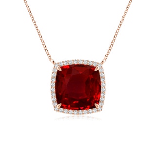 9mm AAAA Cushion Ruby Halo Pendant with Filigree in Rose Gold