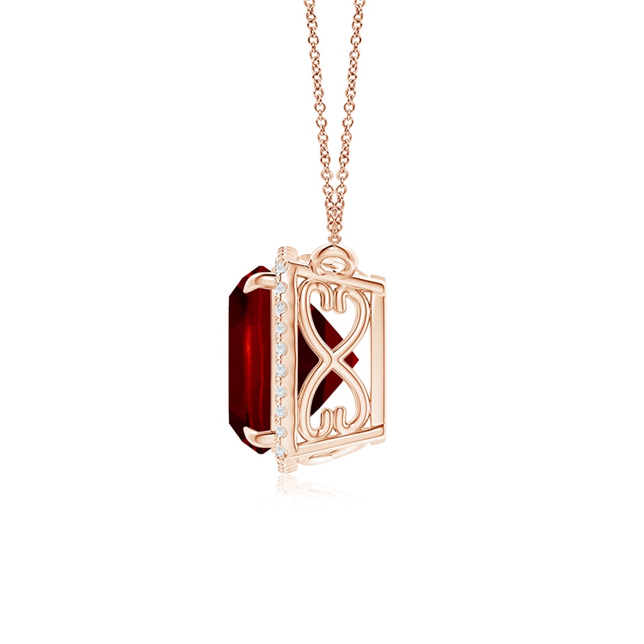 9mm AAAA Cushion Ruby Halo Pendant with Filigree in Rose Gold side 199