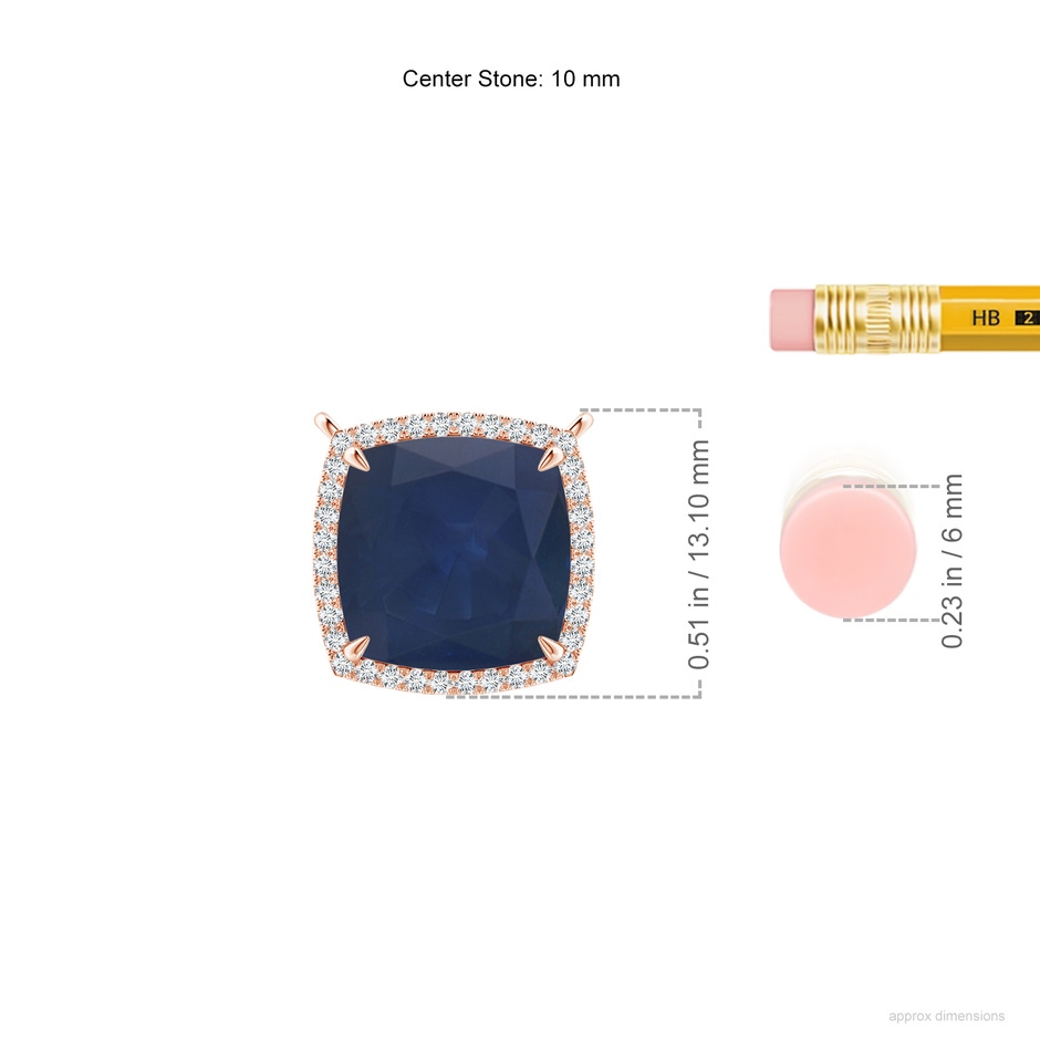 10mm A Cushion Blue Sapphire Halo Pendant with Filigree in 18K Rose Gold ruler