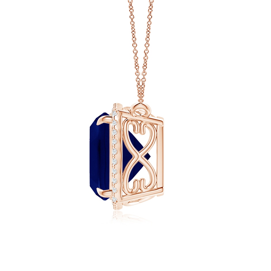 10mm AA Cushion Blue Sapphire Halo Pendant with Filigree in Rose Gold side 199