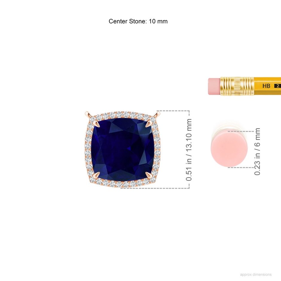 10mm AA Cushion Blue Sapphire Halo Pendant with Filigree in Rose Gold ruler