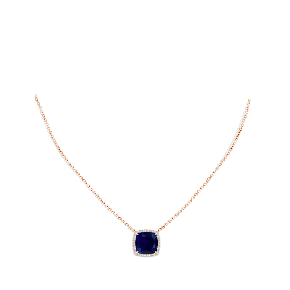 10mm AA Cushion Blue Sapphire Halo Pendant with Filigree in Rose Gold pen