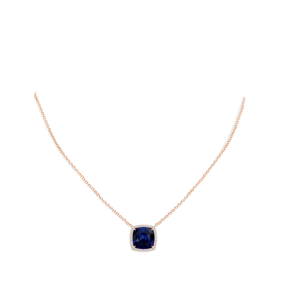 10mm AAA Cushion Blue Sapphire Halo Pendant with Filigree in Rose Gold pen