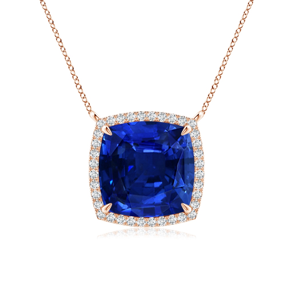 10mm Lab-Grown Cushion Blue Sapphire Halo Pendant with Filigree in Rose Gold