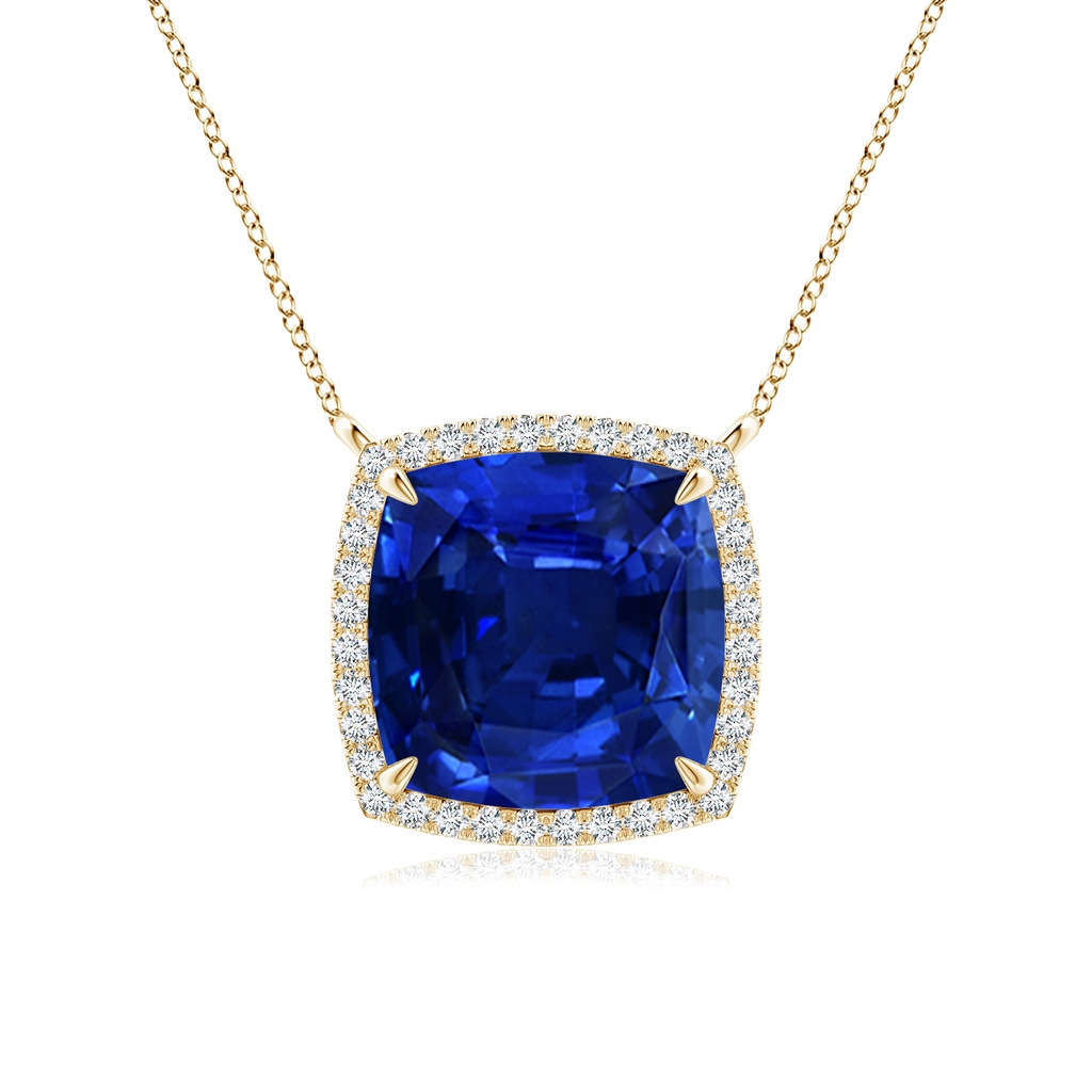 10mm AAAA Cushion Blue Sapphire Halo Pendant with Filigree in Yellow Gold