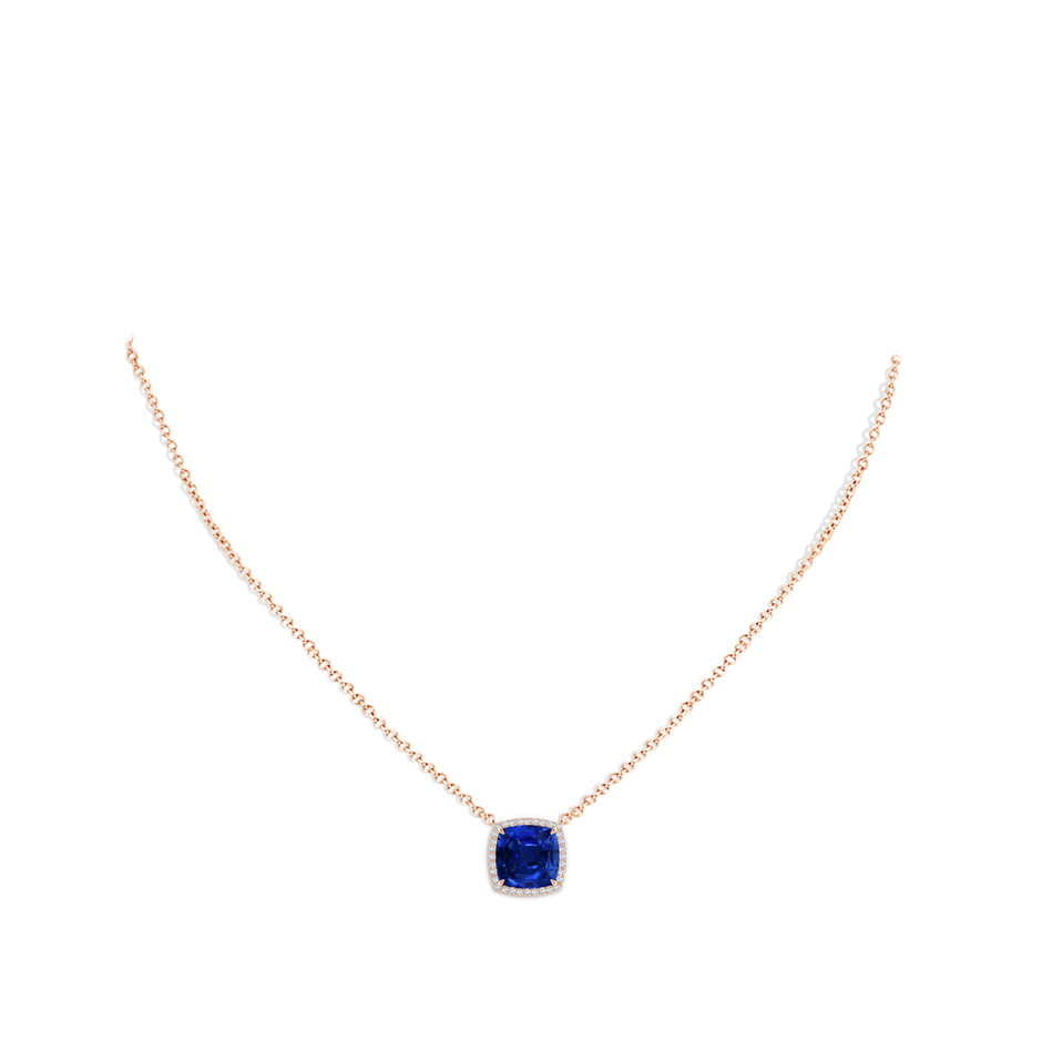 8mm AAAA Cushion Blue Sapphire Halo Pendant with Filigree in Rose Gold pen