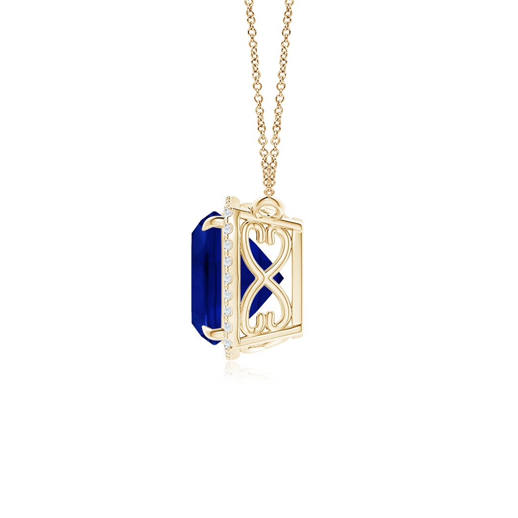 8mm Lab-Grown Cushion Blue Sapphire Halo Pendant with Filigree in Yellow Gold - side 199