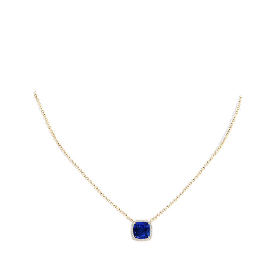 8mm Lab-Grown Cushion Blue Sapphire Halo Pendant with Filigree in Yellow Gold pen