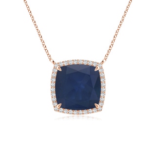 9mm A Cushion Blue Sapphire Halo Pendant with Filigree in Rose Gold