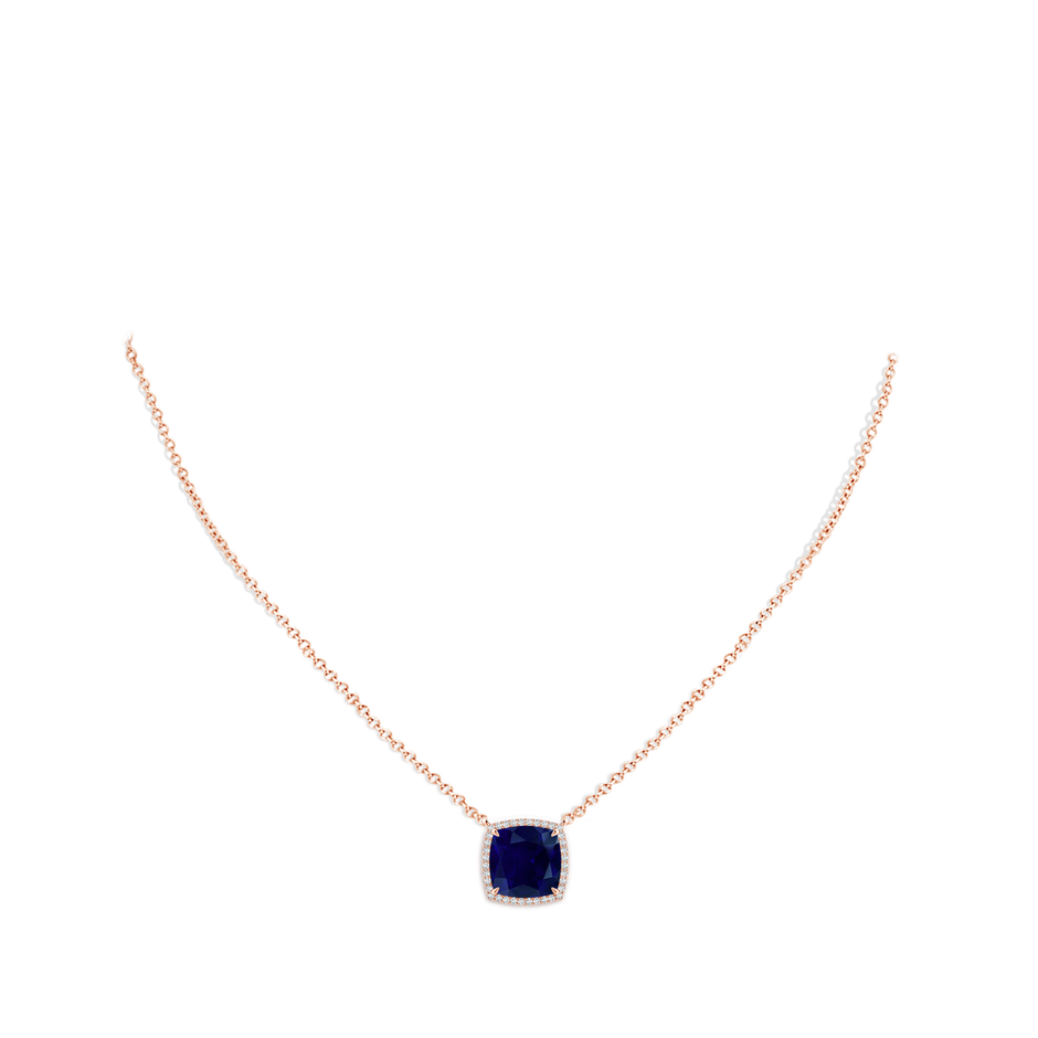 9mm AA Cushion Blue Sapphire Halo Pendant with Filigree in 18K Rose Gold pen