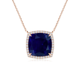 9mm AA Cushion Blue Sapphire Halo Pendant with Filigree in Rose Gold