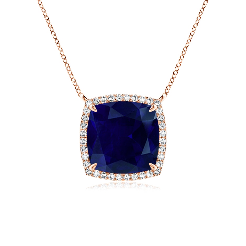 9mm AA Cushion Blue Sapphire Halo Pendant with Filigree in Rose Gold 