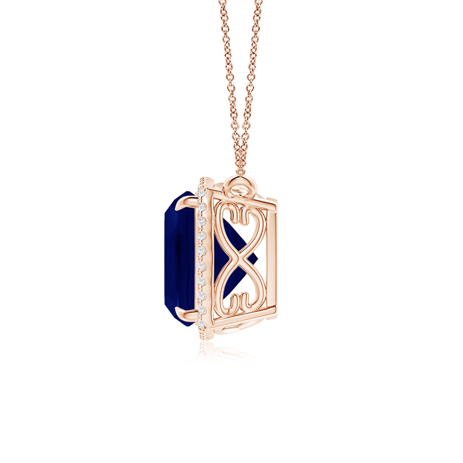 9mm AA Cushion Blue Sapphire Halo Pendant with Filigree in Rose Gold side 199