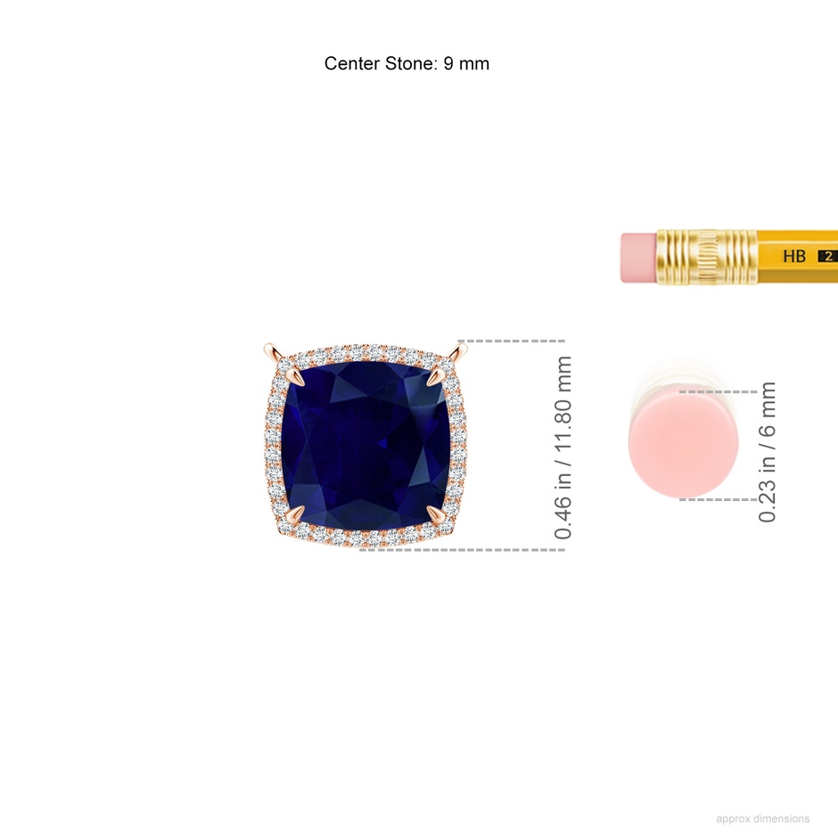 9mm AA Cushion Blue Sapphire Halo Pendant with Filigree in Rose Gold ruler