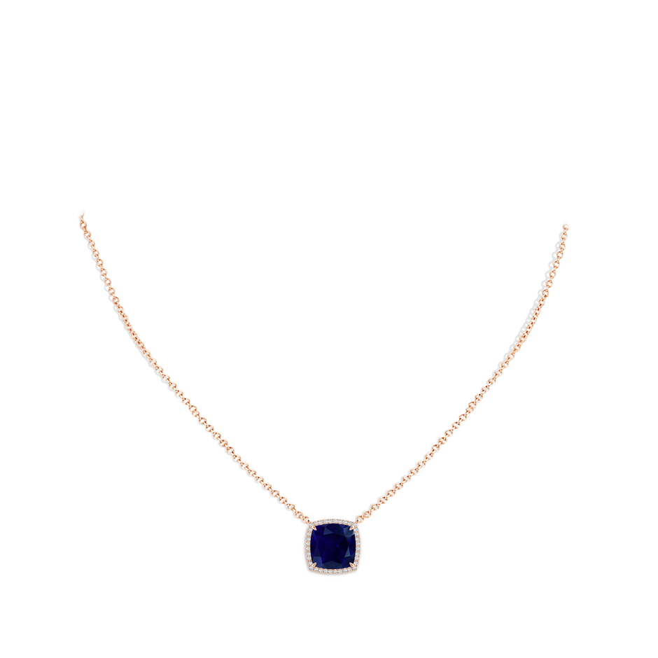9mm AA Cushion Blue Sapphire Halo Pendant with Filigree in Rose Gold pen