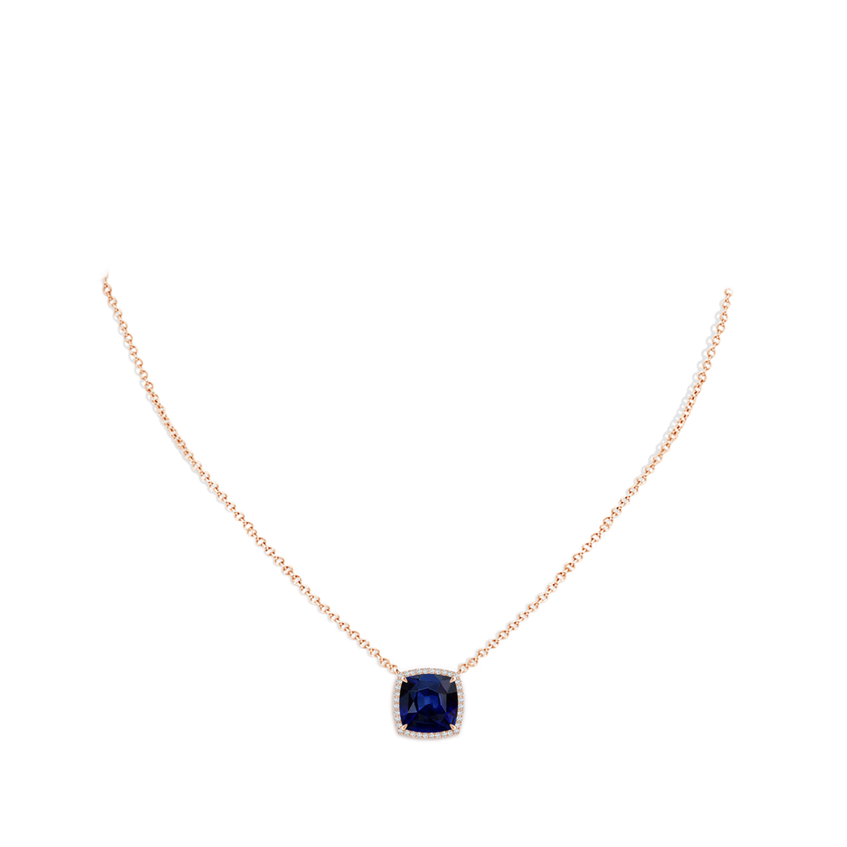 9mm AAA Cushion Blue Sapphire Halo Pendant with Filigree in Rose Gold pen