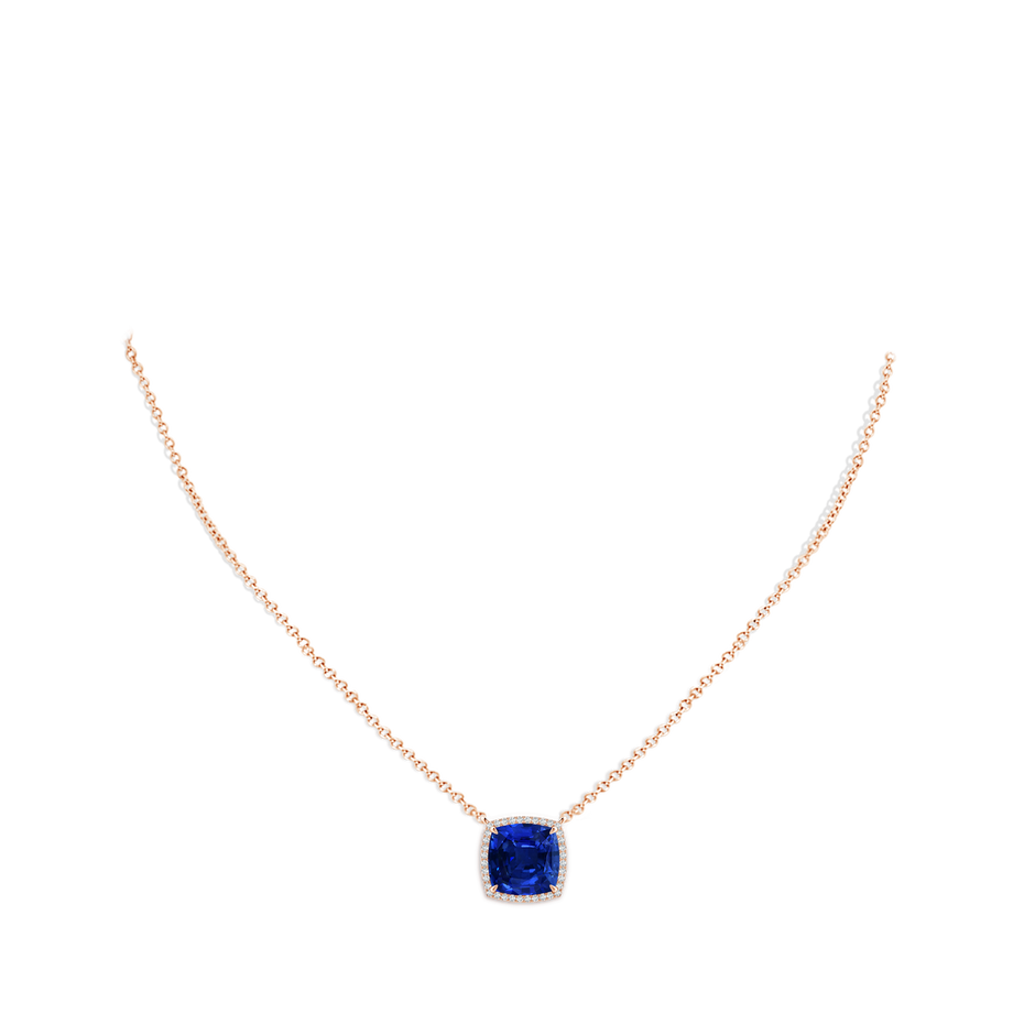 9mm AAAA Cushion Blue Sapphire Halo Pendant with Filigree in Rose Gold pen
