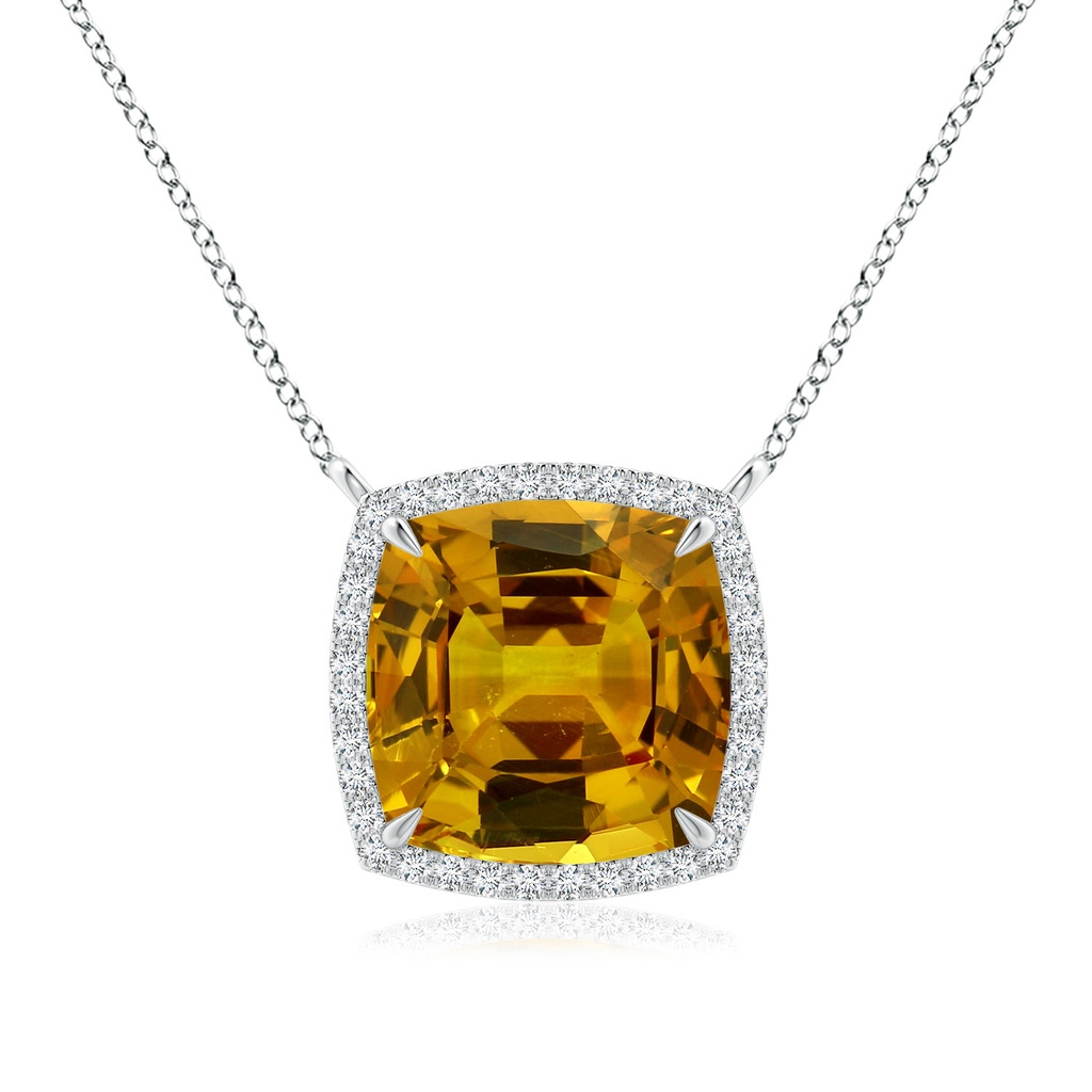 9.7x9.1mm AAAA GIA Certified Cushion Yellow Sapphire Halo Pendant with Filigree in White Gold