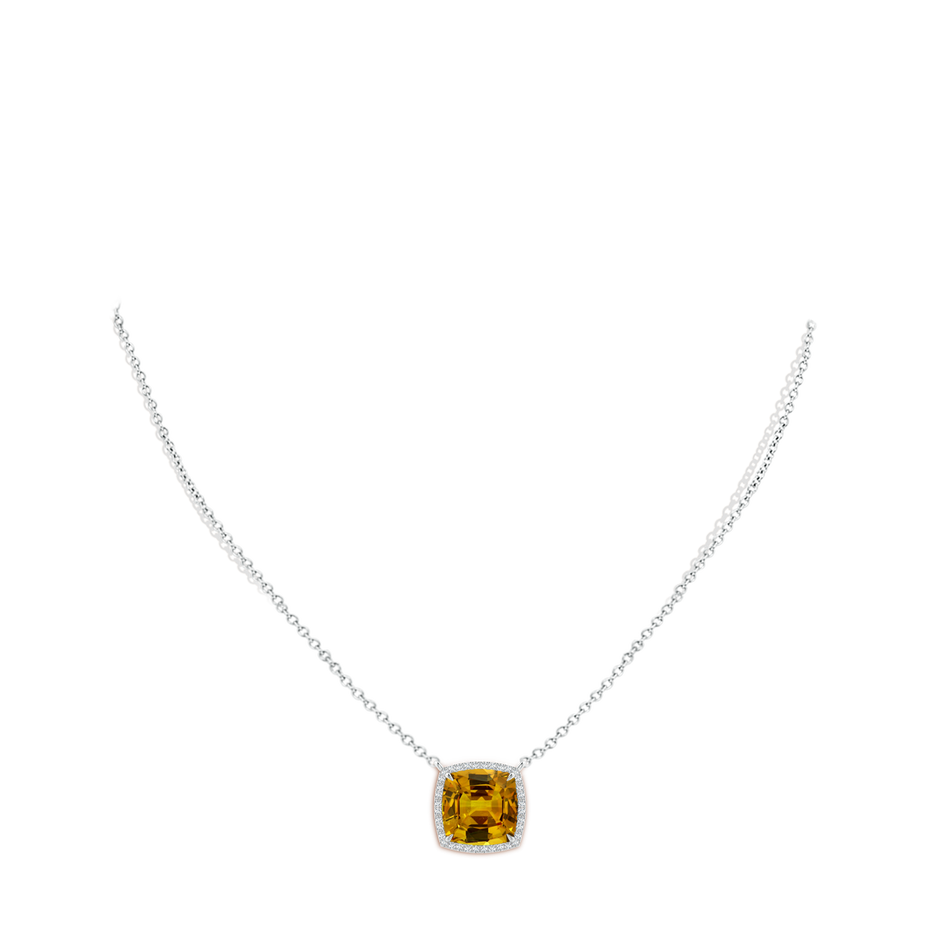 9.7x9.1mm AAAA GIA Certified Cushion Yellow Sapphire Halo Pendant with Filigree in White Gold Body-Neck