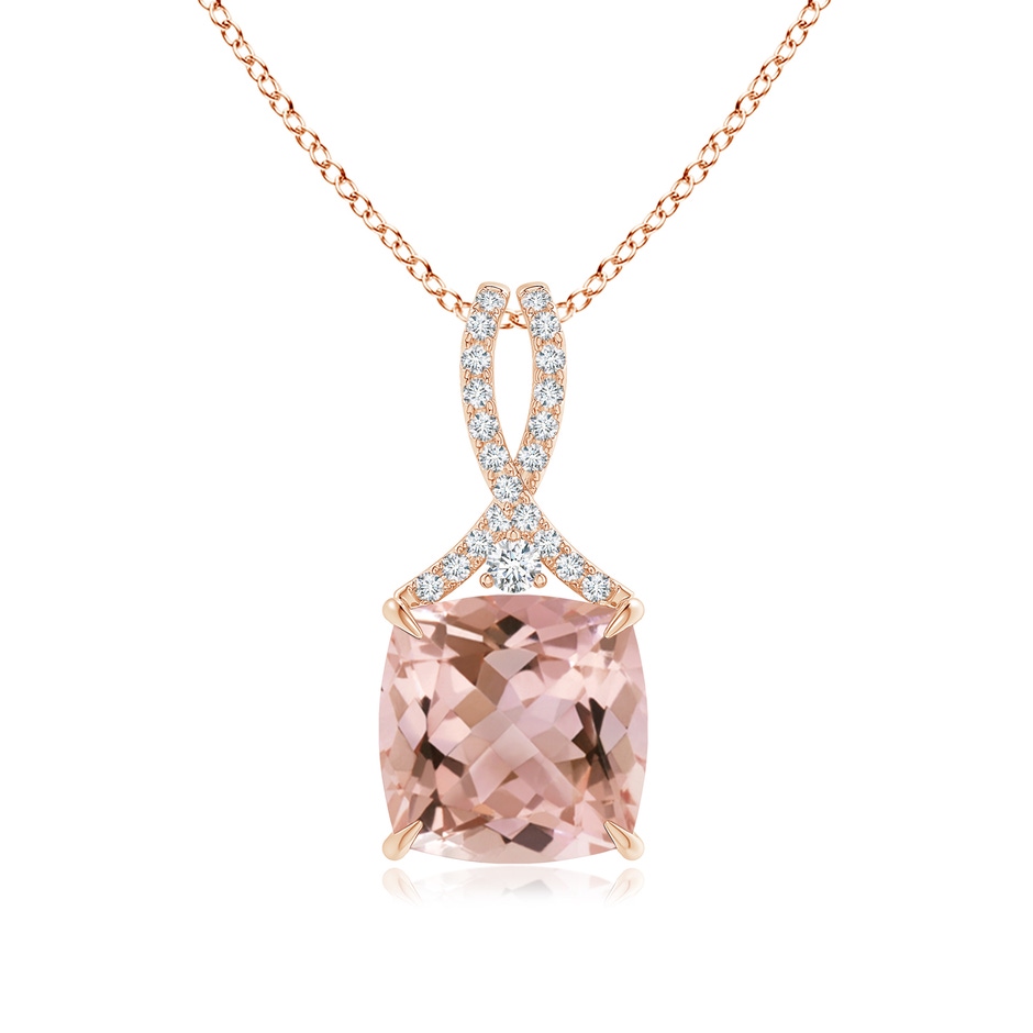 12mm AAAA Cushion Morganite Solitaire Pendant with Diamond Ribbon Bale in Rose Gold 