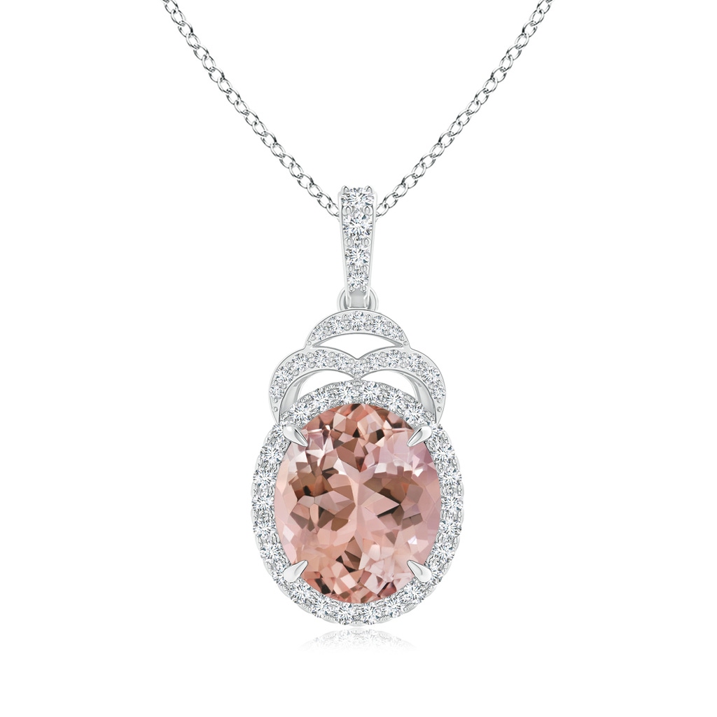 12x10mm AAAA Claw-Set Oval Morganite Halo Pendant with Arch-Shaped Motifs in White Gold